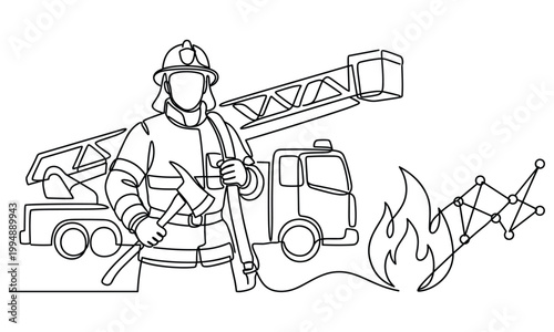 Firefighter hero holding axe stands near fire truck with flames.