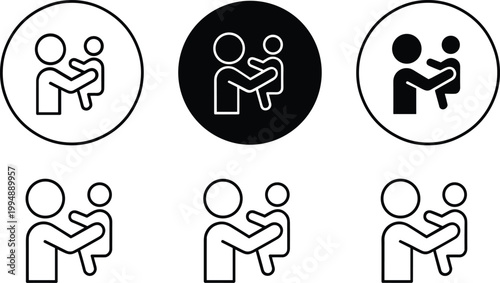 Vector icon set of parent holding baby, family care, childcare and parenting symbols in various styles