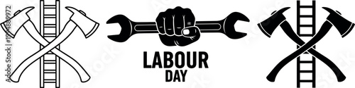 Black and white illustration featuring tools and the text labour day