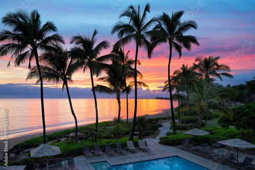 Sunset Over Ocean With Palm Trees Near Poolside in Tropical Location