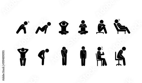 Stick figure tired and resting people sitting vector icon set for human silhouette and lifestyle illustrations