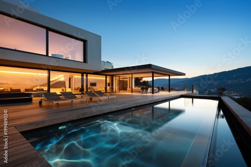 Modern House With Pool at Dusk in a Mountain Setting