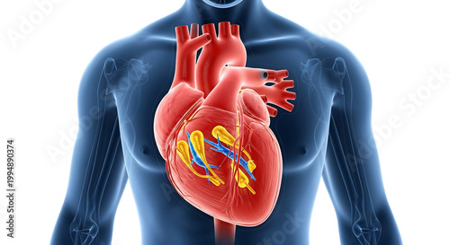 A detailed illustration of a human heart with internal anatomy visible, set against a transparent blue body on a white background.