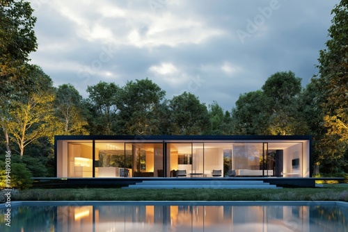 Modern House by a Pool During Sunset Near a Forested Area in Clear Weather
