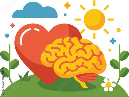 Spring, mental health visual metaphor of heart and mind in harmony supported by plants and light shapes conveying resilience, care, and emotional wellbeing in soft modern illustration style.