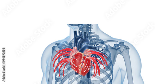A medical illustration of a human torso with a highlighted red heart and circulatory system