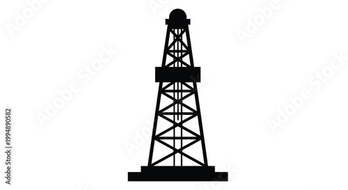 A stark black silhouette depicts a classic oil derrick structure against a plain white background emphasizing industrial design