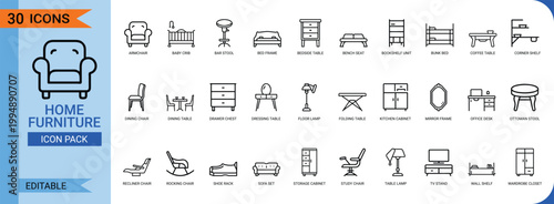 Home furniture icon pack with 30 editable line art icons for interior design vector illustration
