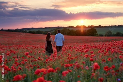 Couple Walks Hand in Hand Through Poppy Field at Sunset Near Hills and Trees