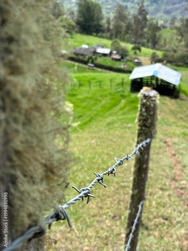 Poste en el campo con cerca de alambre de púas. 