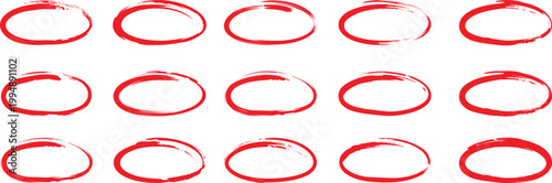 Red Hand Drawn Brush Stroke Circle Ovals Set for Highlighting Text and Marking Elements in Graphic Design Layouts
