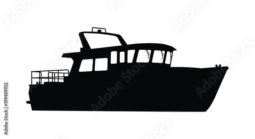 A striking black silhouette depicts a passenger boat likely a ferry or tour vessel on water high quality