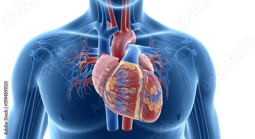 A detailed illustration of the human heart and circulatory system in a transparent blue body