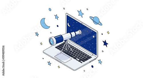 Laptop with Telescope and Starry Night Sky Illustration for Digital Education and Astronomy Exploration Concept