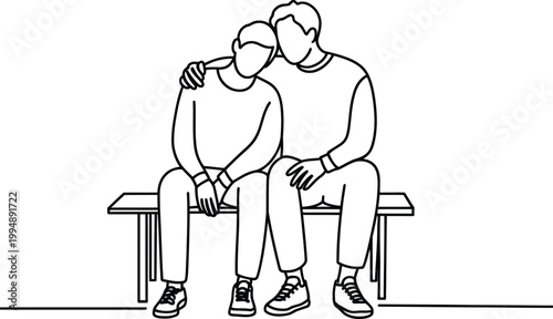 Tender, moment of two people sitting close on a bench sharing a gentle kiss in simple line art style expressing love, affection, and emotional intimacy for romantic and lifestyle themed designs.