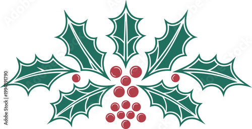 Green holly leaves with red berries symmetrical frame