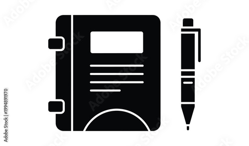 Black and white illustration of a notebook and pen, symbolizing writing, education, and creativity in a minimalist style.