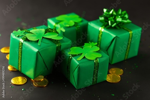 Celebration of Gifts and Golden Coins With Green Decorations for a Festive Oc...