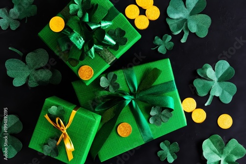 St Patricks Day Gifts With Green Wrapping and Gold Coins on a Black Background