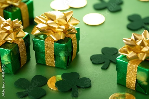 Gifts in Green Wrapping With Gold Bows and Decorations for a Celebration Event