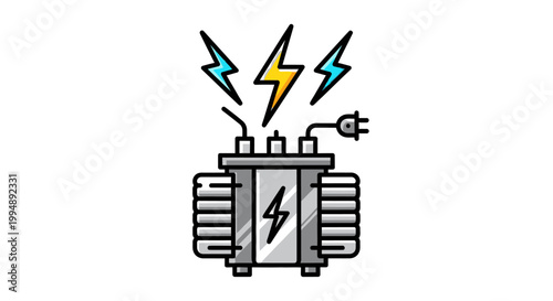 Electric Power Transformer Icon with Lightning Bolts and Plug, Representing Energy, Voltage, and Current Supply