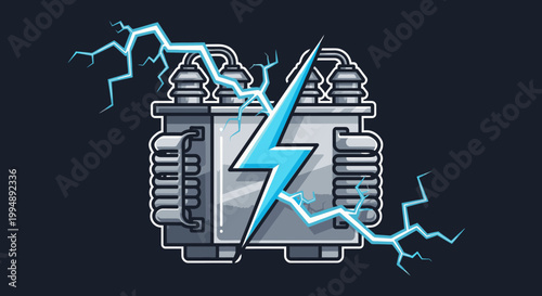 Stylized electrical transformer illustration with bright blue lightning bolts, representing power, energy, electricity, and high voltage.