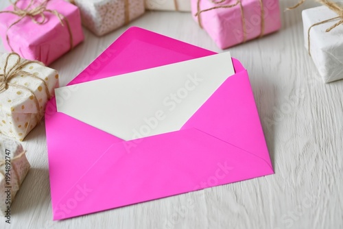 Pink Envelope With Blank Card Surrounded by Wrapped Gifts on a White Wooden T...