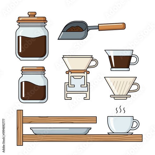 Collection of coffee making elements with coffee grounds in jars, scoop, drippers, cups, and a wooden shelf with hot coffee.