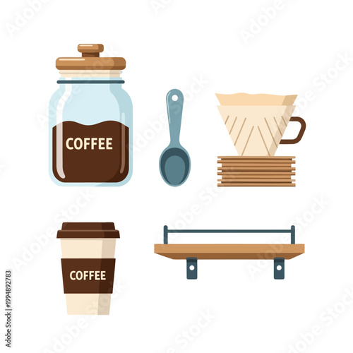 Various coffee accessories including glass jar with coffee, spoon, filter drippers with paper, disposable cup, and wooden shelf.