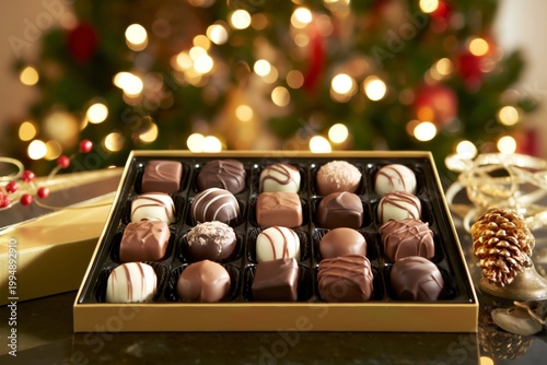 Chocolate Box on a Table With a Festive Backdrop During the Holiday Season