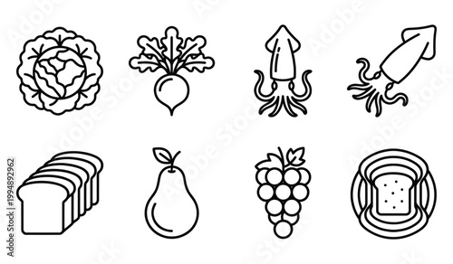 Collection of various food icons including cabbage radish squid bread pear grapes with vegetable illustration collection