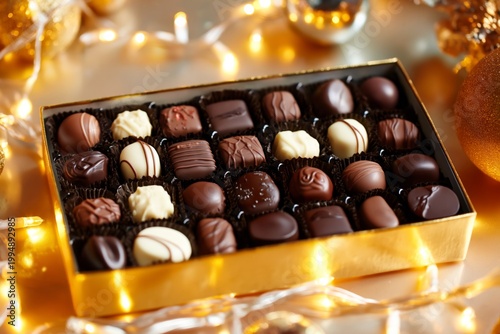Chocolate Box on a Table With a Festive Backdrop During the Holiday Season
