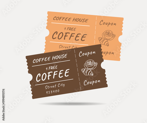 Coupon coffee free template set. Cup of coffee, croissant in doodle or hand drawn stile, text. Vector illustration