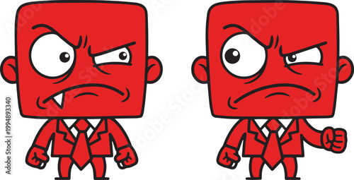 Two Angry Red Business Mascot Characters with Different Grumpy Expressions