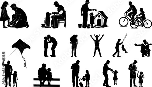 Father and child activities silhouette vector set including playing games and helping with chores.