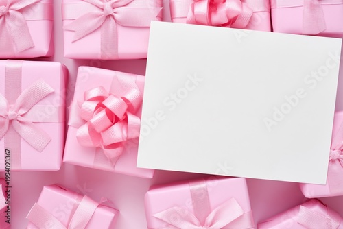 Gifts in Pink Wrapping With a Blank Card on a Light Background Ready for a Pa...