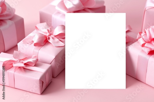 Gifts in Pink Wrapping With a Blank Card on a Light Background Ready for a Pa...