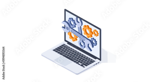 3D Isometric Laptop with Wrench and Gears - IT Support, Technical Service, Maintenance, and Computer Repair Concept
