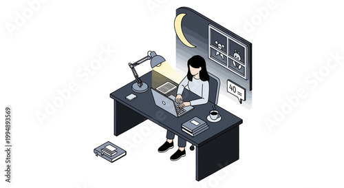 Woman Working Late on Laptop at Night - Isometric Illustration of Freelancer at Desk with Moon and Desk Lamp