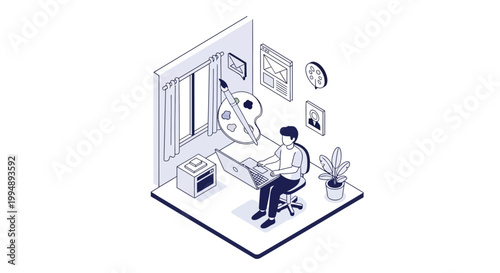 Isometric Creative Designer Working on Laptop in Home Office Studio, Digital Artist and Content Creator Concept with Painting Palette and Icons Outline Illustration