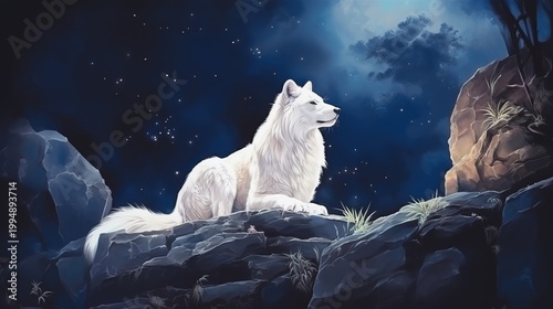 A Majestic White Wolf Standing Regal on Nighttime Rocky Cliffs Under Starry Sky