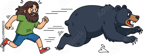 Cartoon Character Running from Bear with Fearful Expression and Action Lines for Wildlife, Animal, and Adventure-Themed Designs