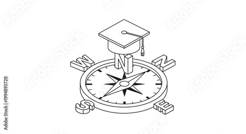 Isometric Graduation Cap on Compass Line Art Icon - Concept of Educational Path, Career Guidance, and Academic Direction