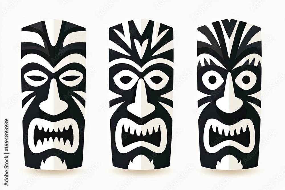 Fototapeta premium Stylized black tribal mask illustrations featuring intricate designs and expressive features, showcasing three distinct faces with bold patterns and contrasting colors
