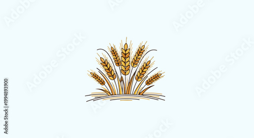 Stylized golden wheat stalks with leaves on a light blue background