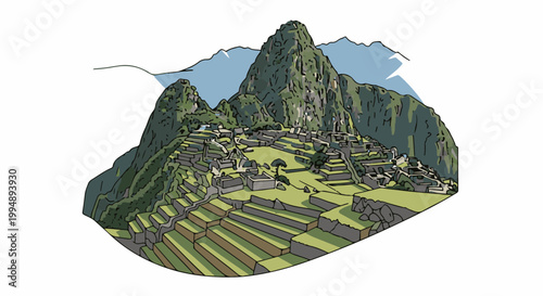 Stylized illustration of an ancient stone citadel nestled in verdant mountains under a blue sky