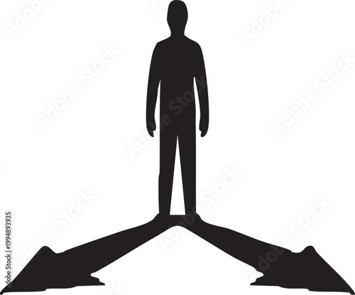 Human Figure Standing with Split Shadow Directions Concept Vector Silhouette
