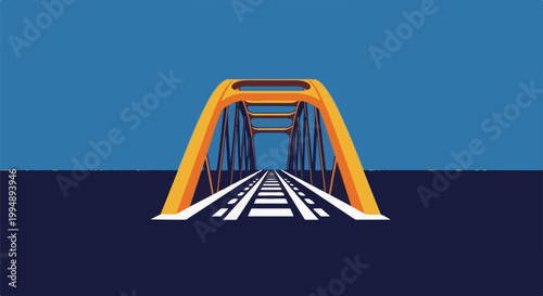 Stylized illustration of a yellow arched bridge over railroad tracks leading into distance