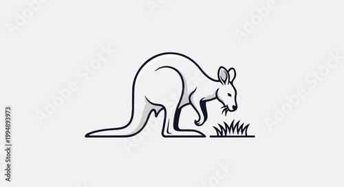 Stylized kangaroo grazing on grass, simple black and white outline illustration