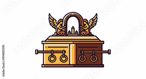 Stylized illustration of an ornate, golden and brown ark with winged figures and a central spire
